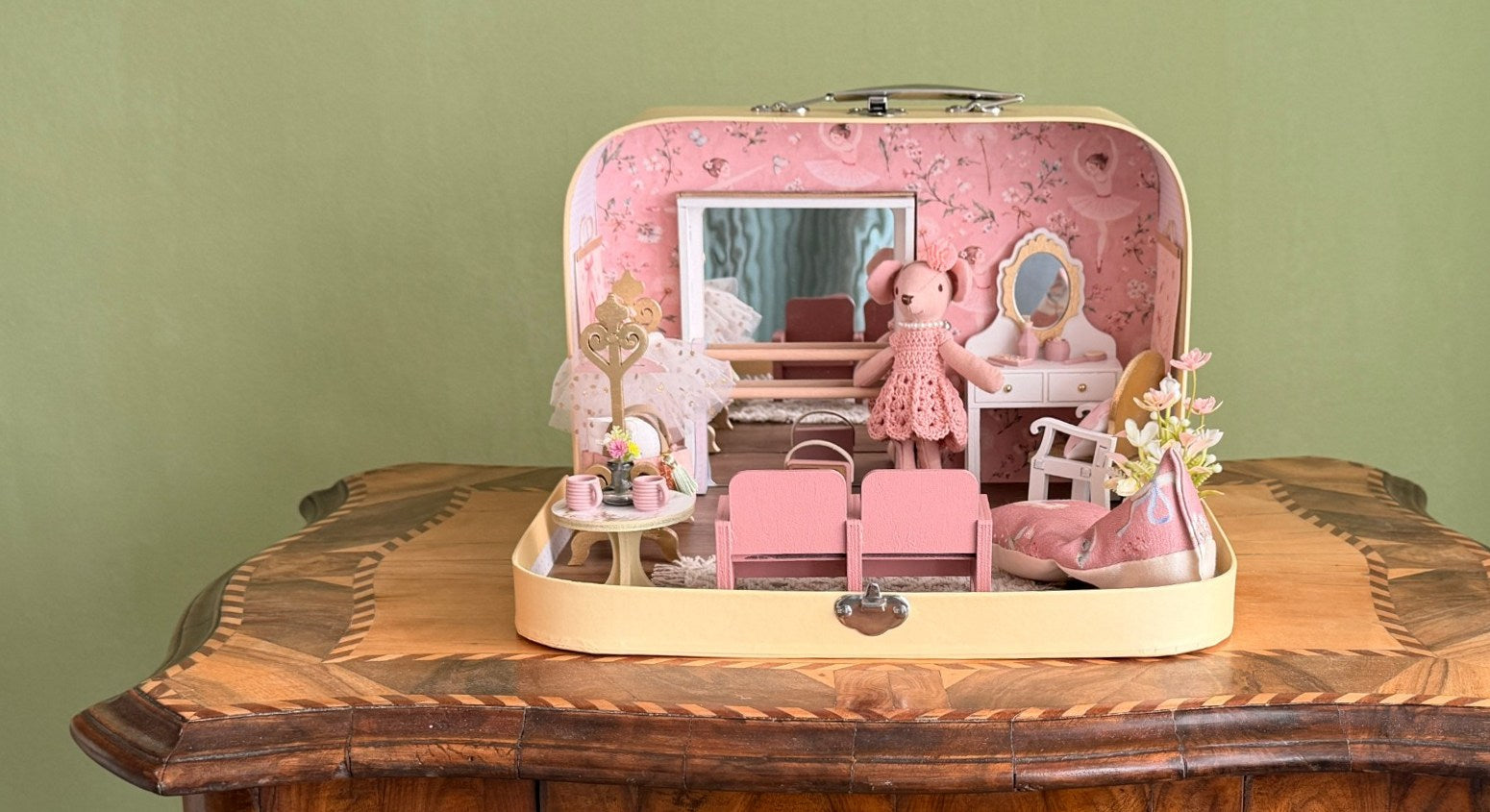 Handmade ballerina suitcase dollhouse with a pink dance studio, mirror, barre and a little ballerina mouse