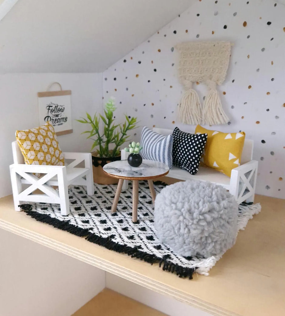 Miniatur-Wohnzimmer-Set im Maßstab 1:12, Luxe Comfort, moderne Puppenhausmöbel (perfekt für das Ikea Flisat Puppenhaus)