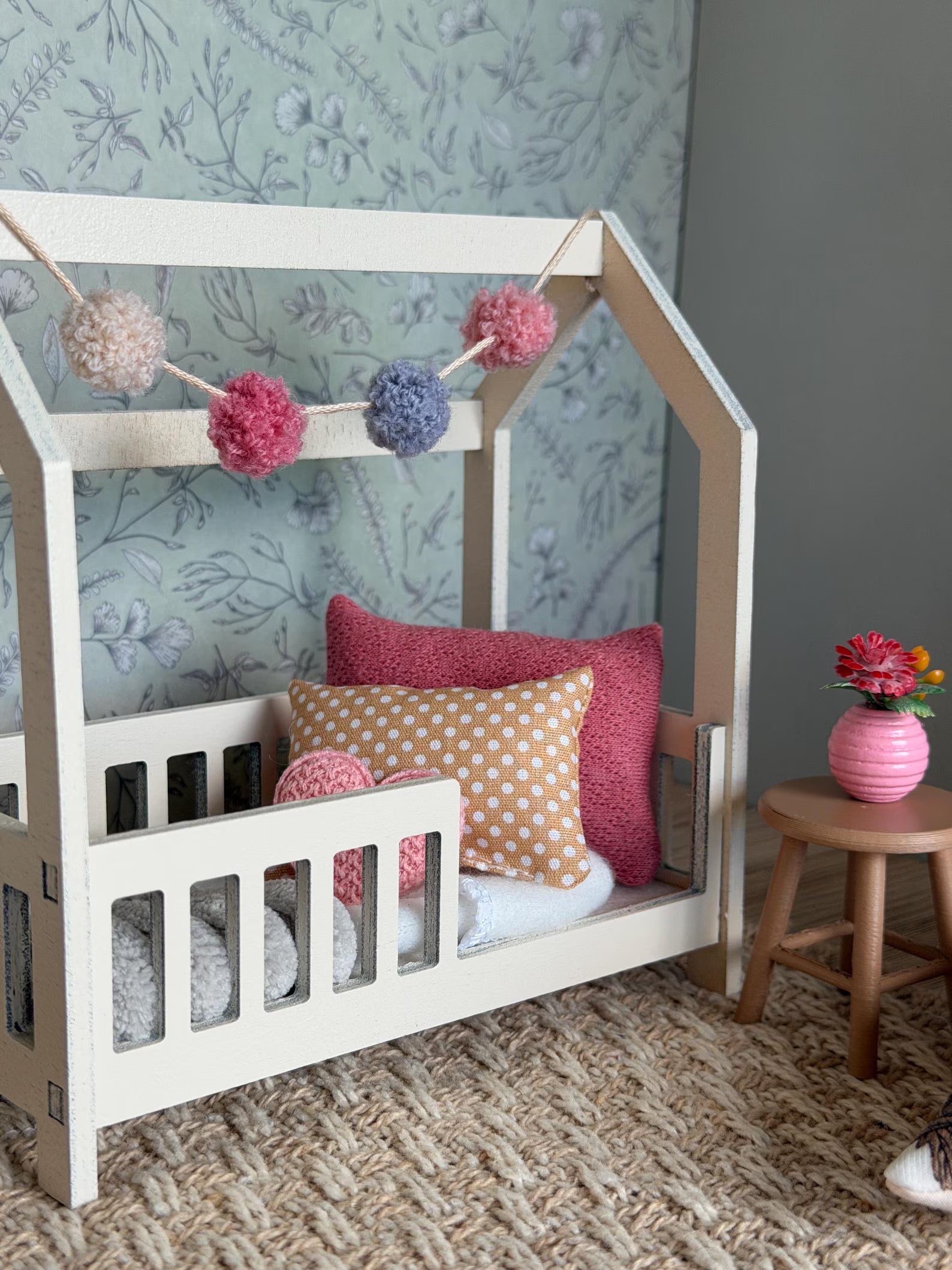 Dolhouse kids bedroom in 1:12 scale, miniature house bed, furniture bundle, maileg mice