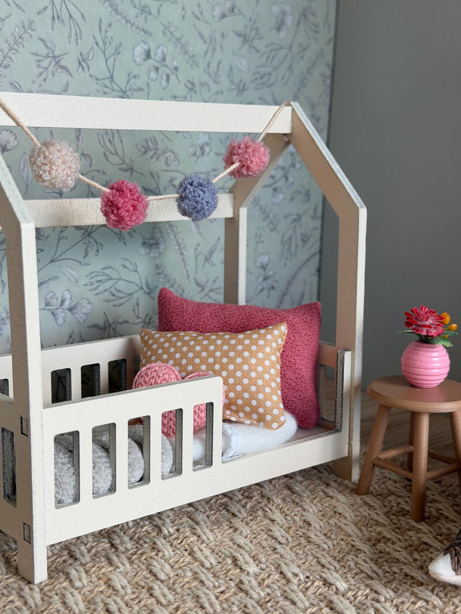 Dolhouse kids bedroom in 1:12 scale, miniature house bed, furniture bundle, maileg mice