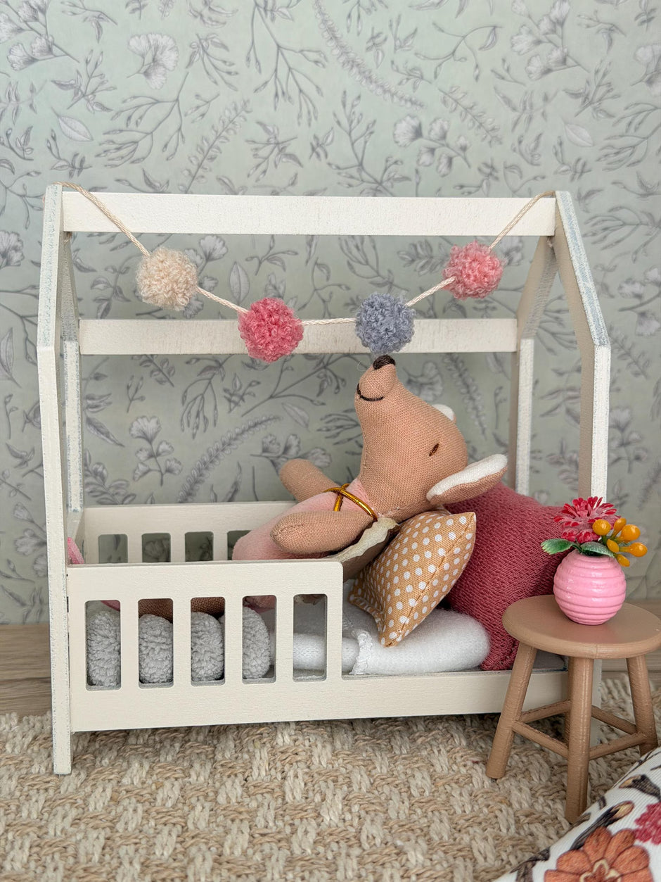 Dolhouse kids bedroom in 1:12 scale, miniature house bed, furniture bundle, maileg mice