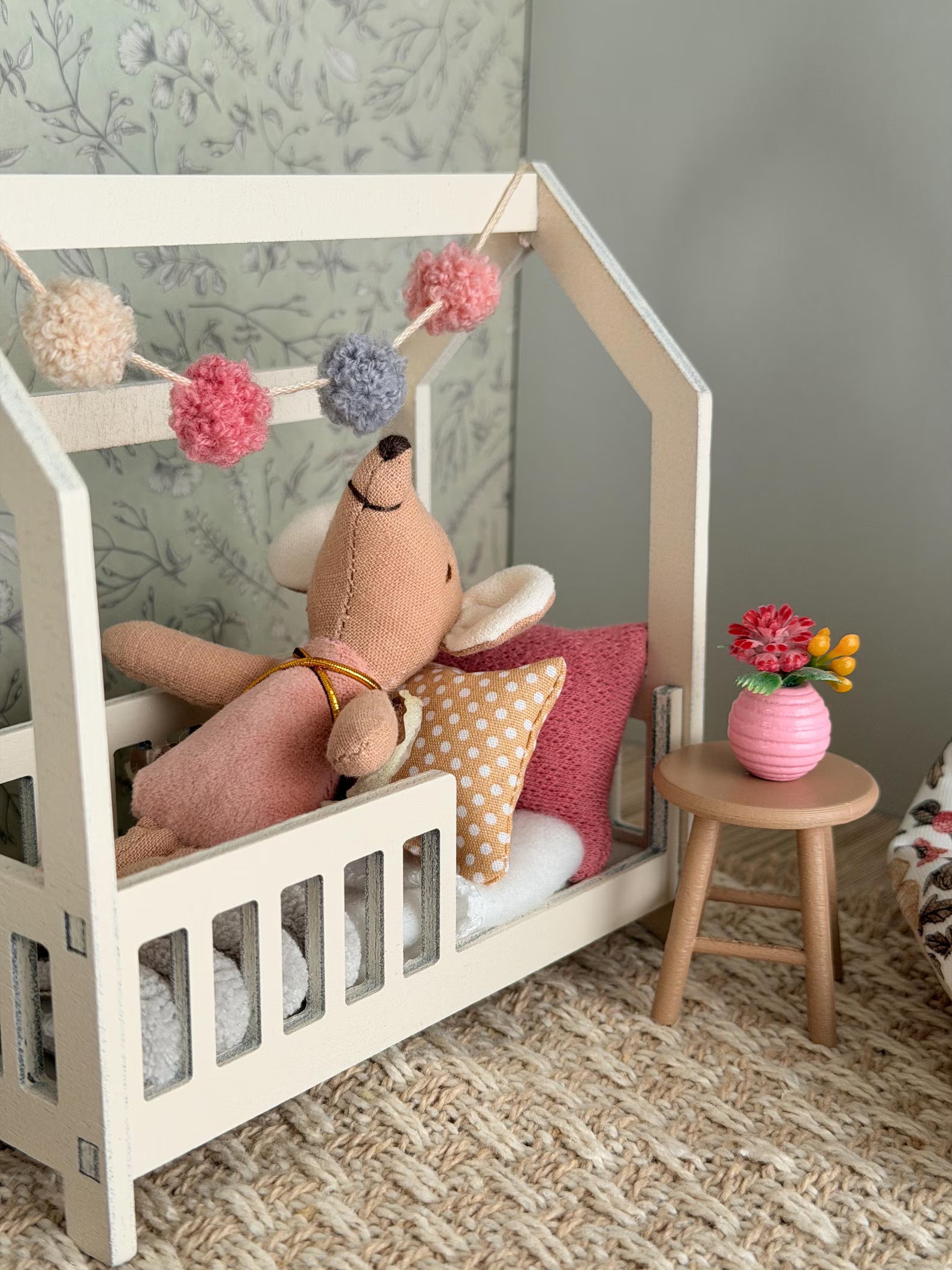 Dolhouse kids bedroom in 1:12 scale, miniature house bed, furniture bundle, maileg mice