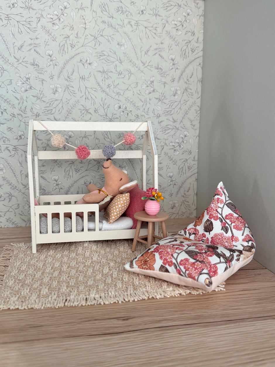 Dolhouse kids bedroom in 1:12 scale, miniature house bed, furniture bundle, maileg mice