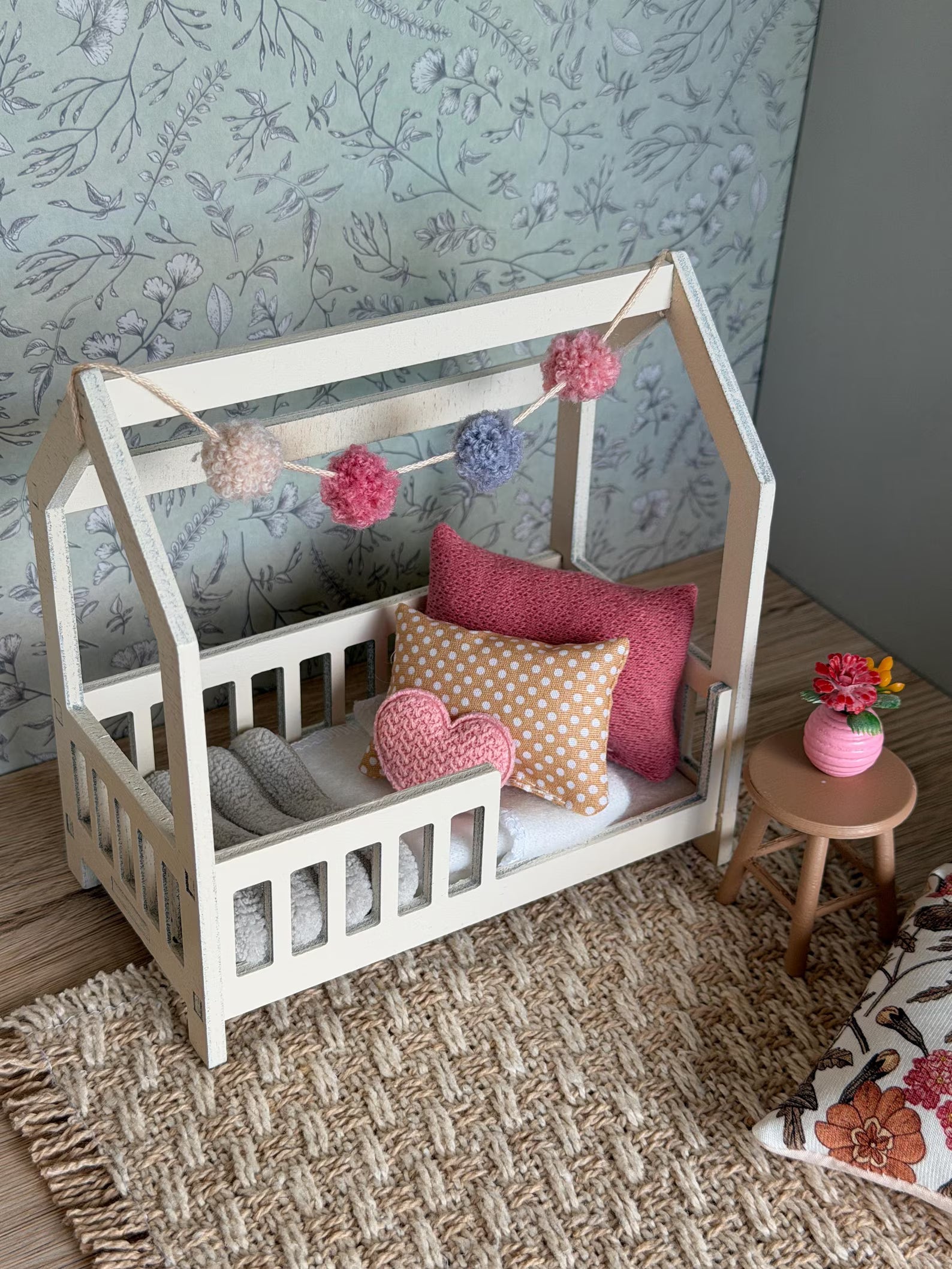 Dolhouse kids bedroom in 1:12 scale, miniature house bed, furniture bundle, maileg mice