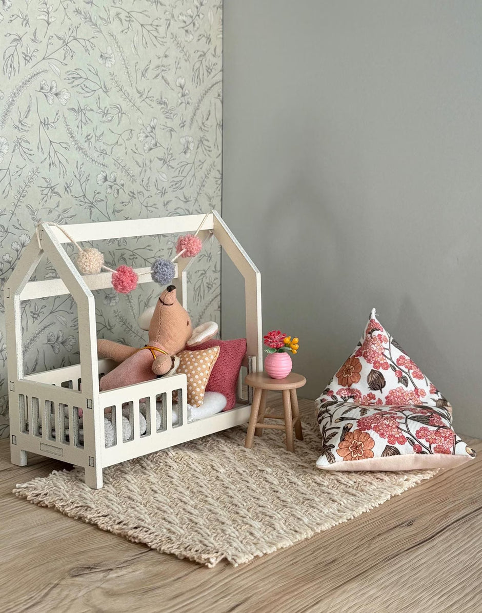 Dolhouse kids bedroom in 1:12 scale, miniature house bed, furniture bundle, maileg mice