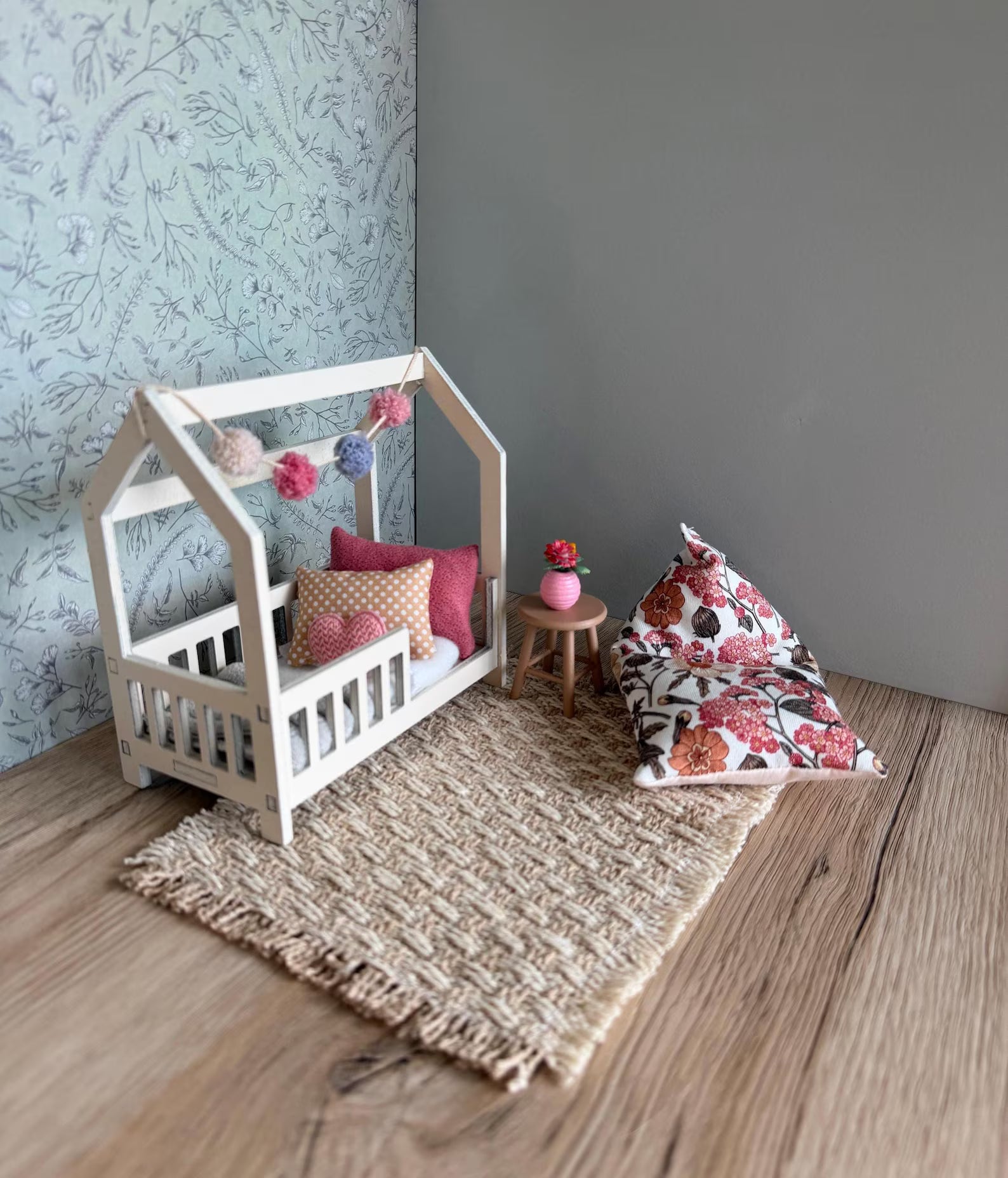 Dolhouse kids bedroom in 1:12 scale, miniature house bed, furniture bundle, maileg mice