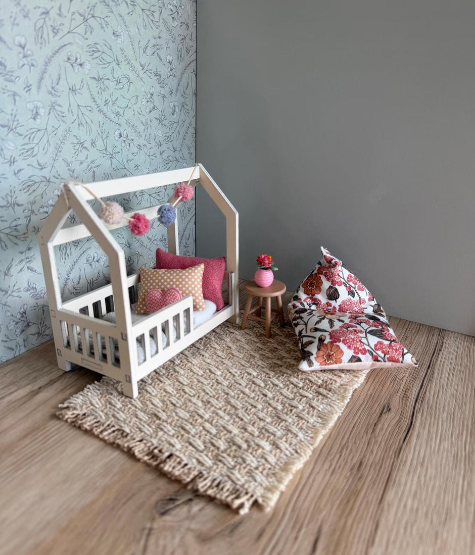 Dolhouse kids bedroom in 1:12 scale, miniature house bed, furniture bundle, maileg mice