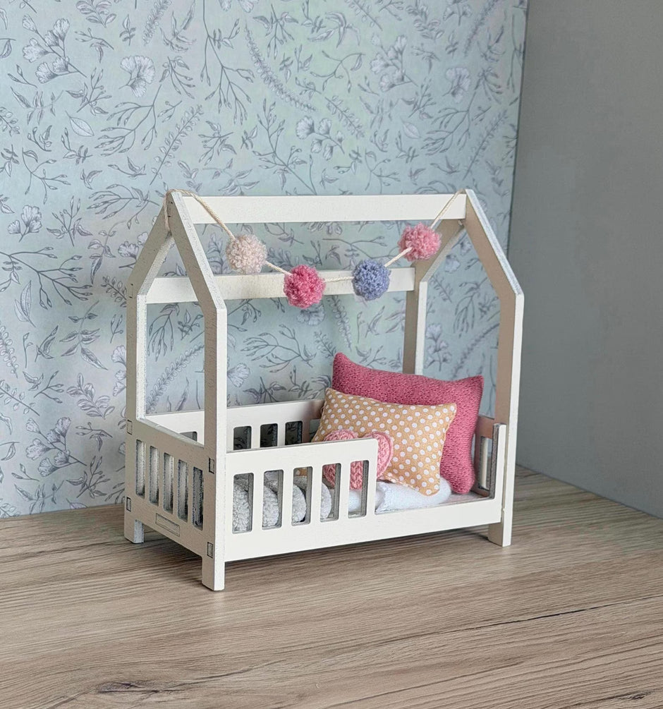 Dolhouse kids bedroom in 1:12 scale, miniature house bed, furniture bundle, maileg mice