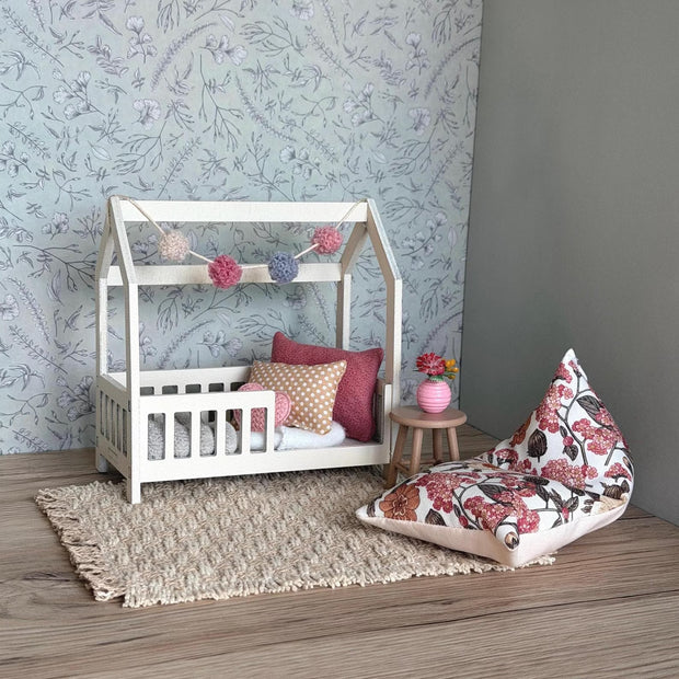 Dolhouse kids bedroom in 1:12 scale, miniature house bed, furniture bundle, maileg mice