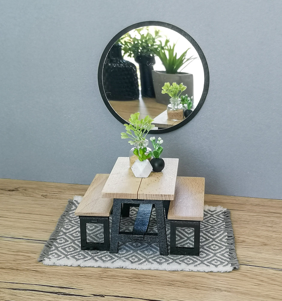 Miniatur-Essgruppe im Maßstab 1:12, Schwarz & Holz, moderne Miniatur-Puppenhausmöbel (perfekt für Ikea-Puppenhäuser)