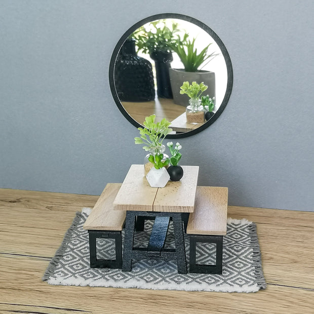 Miniatur-Essgruppe im Maßstab 1:12, Schwarz & Holz, moderne Miniatur-Puppenhausmöbel (perfekt für Ikea-Puppenhäuser)