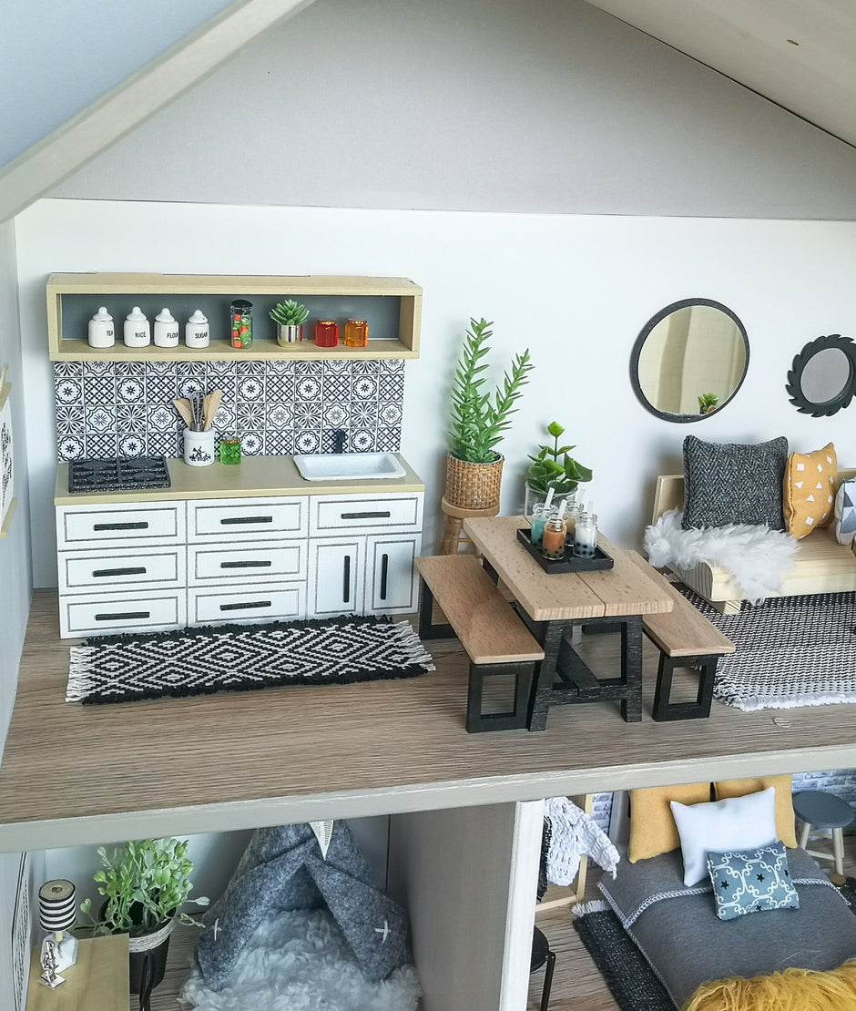 Miniatur-Essgruppe im Maßstab 1:12, Schwarz & Holz, moderne Miniatur-Puppenhausmöbel (perfekt für Ikea-Puppenhäuser)