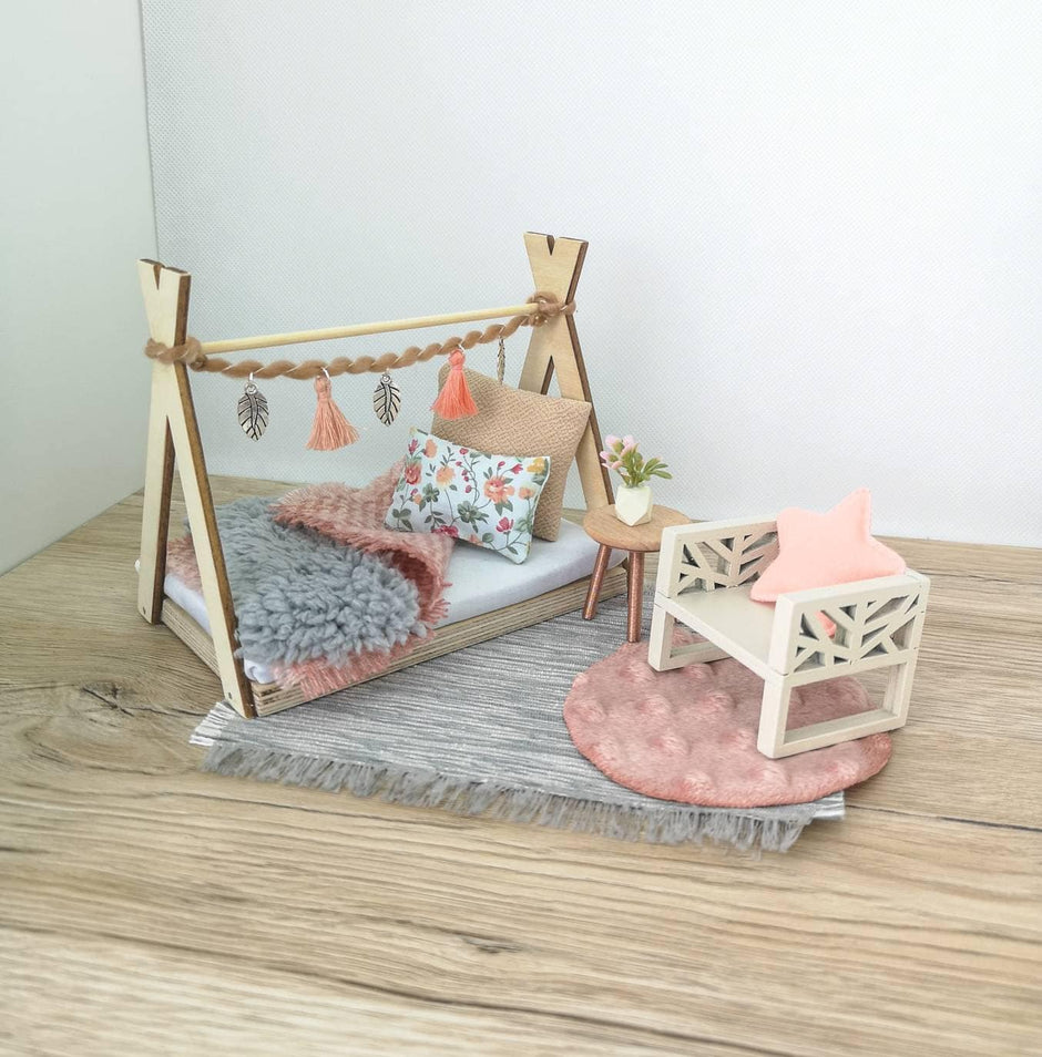 Puppenhaus-Kinderzimmer-Set im Maßstab 1:12, Pfirsichfarben, Miniaturmöbel-Set, Maileg-Mäuse (perfekt für Ikea-Puppenhäuser)