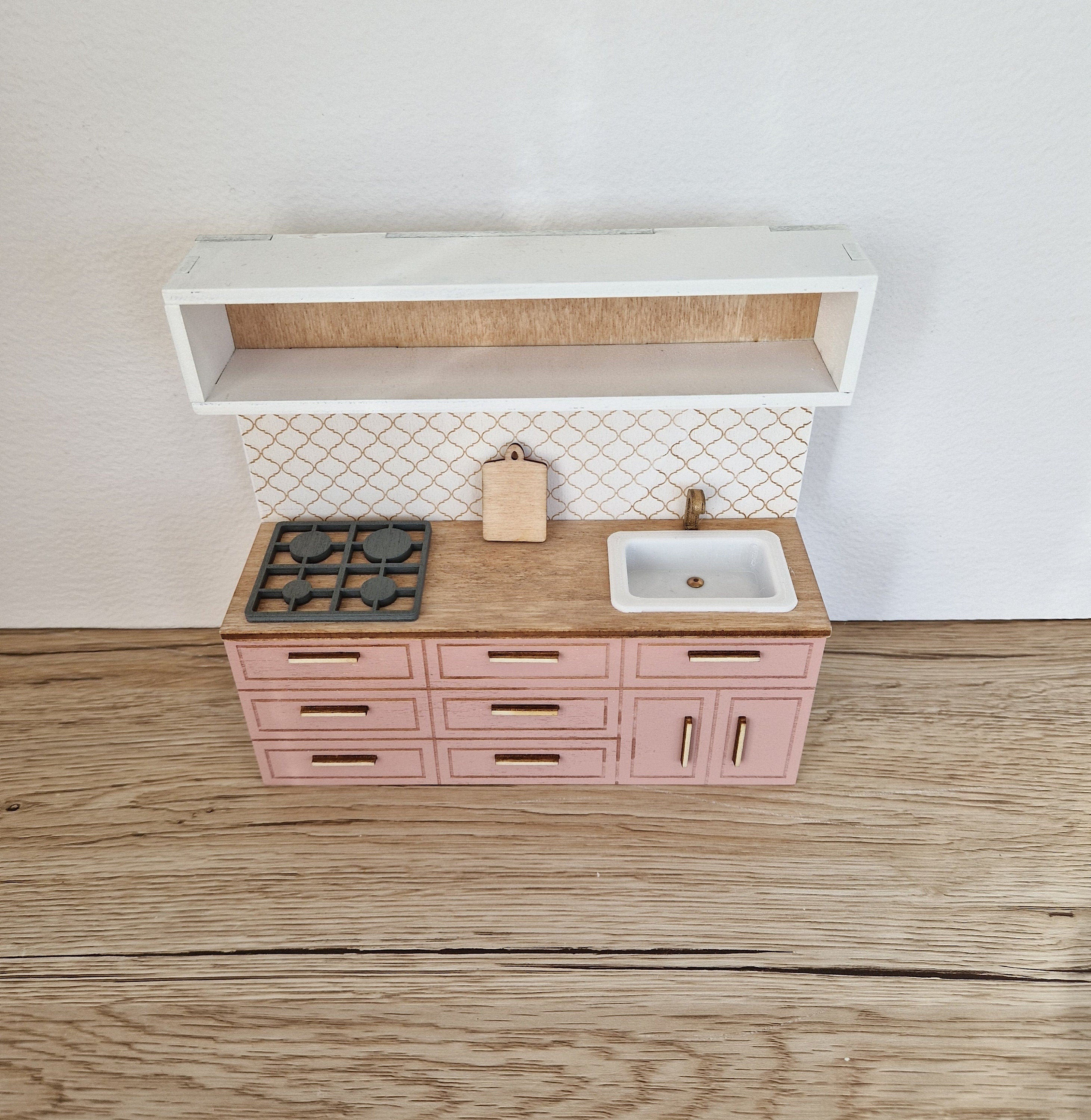 Miniatur-Puppenhausküche, Maßstab 1:12, Rosa, Miniaturmöbel (perfekt für Ikea-Puppenhäuser)