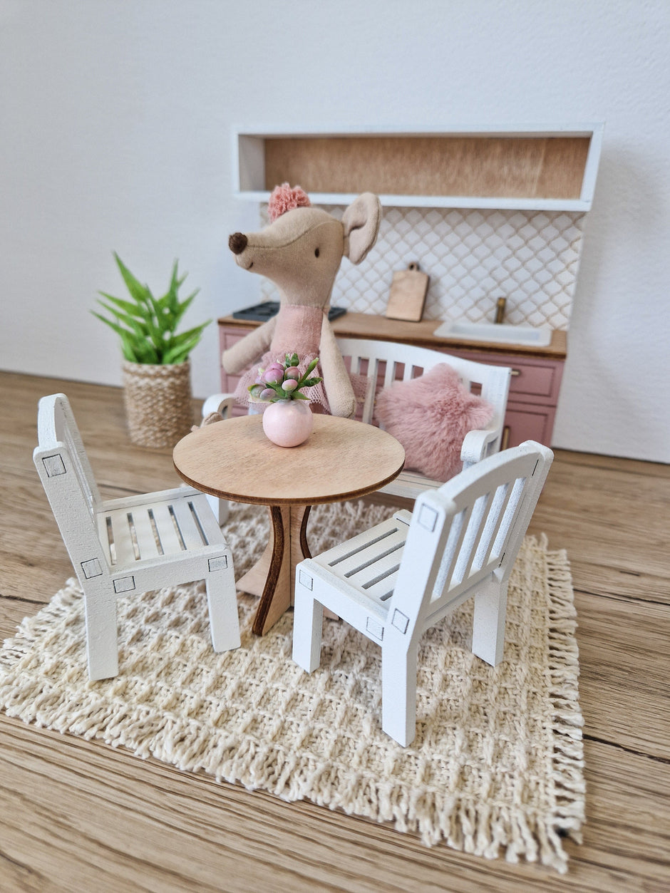 Miniatur-Essgruppe im Maßstab 1:12, Elfenbeinblüte, moderne Miniatur-Puppenhausmöbel (perfekt für Ikea-Puppenhäuser)
