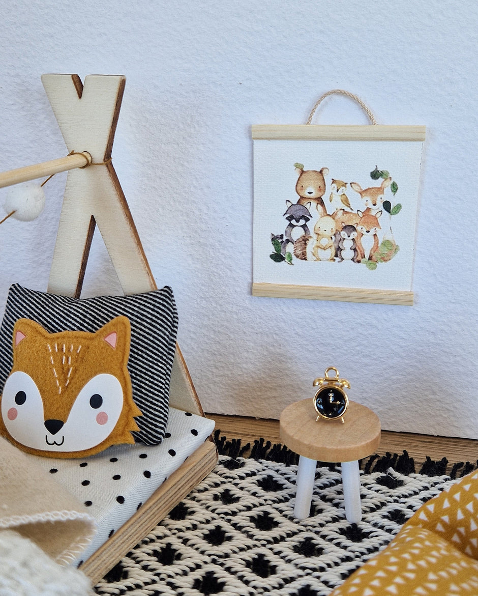 Puppenhaus-Kinderzimmer-Set im Maßstab 1:12, Cozy Fox, Miniaturmöbel-Set, Maileg-Mäuse (perfekt für Ikea-Puppenhäuser)