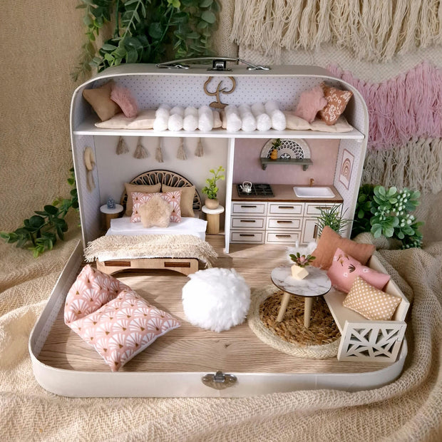 Handmade dollhouse in a suitcase with wooden accessories