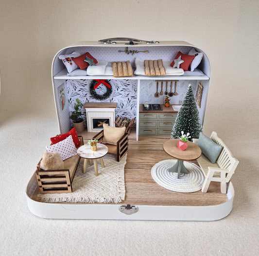 Christmas wooden dollhouse, Dollhouse in a suitcase for Christmas, Imagination play
