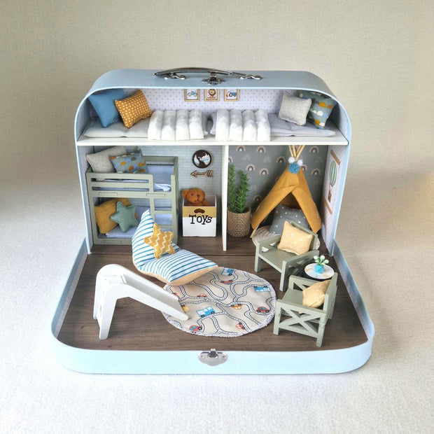 Little Adventurer large suitcase dollhouse with a bunk bed, yellow teepee, slide and road play rug, 1:12 scale