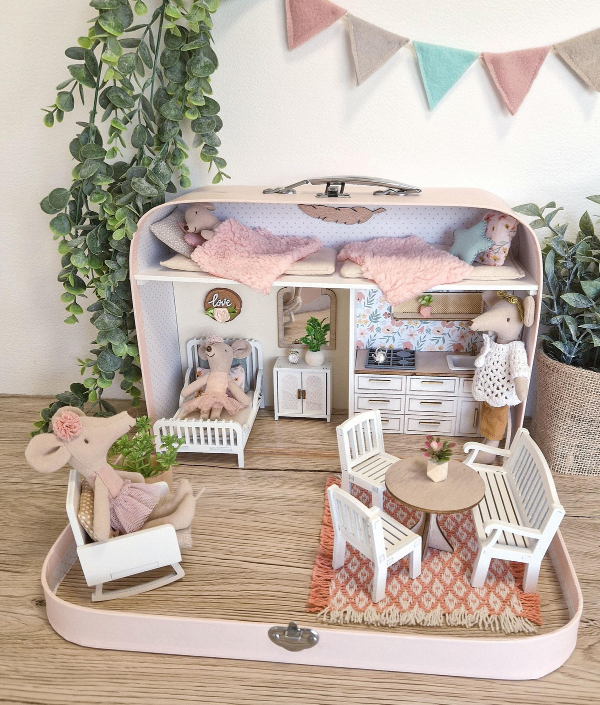 Cozy Rose Cottage large suitcase dollhouse with pink bunting, kitchen, dining set and Maileg-sized mice