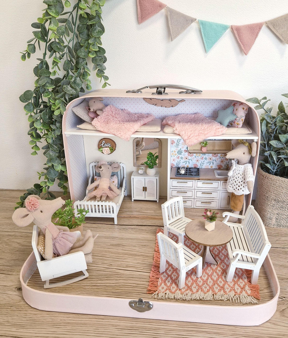 Cozy Rose Cottage large suitcase dollhouse with pink bunting, kitchen, dining set and Maileg-sized mice