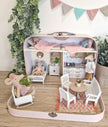 Cozy Rose Cottage large suitcase dollhouse with pink bunting, kitchen, dining set and Maileg-sized mice