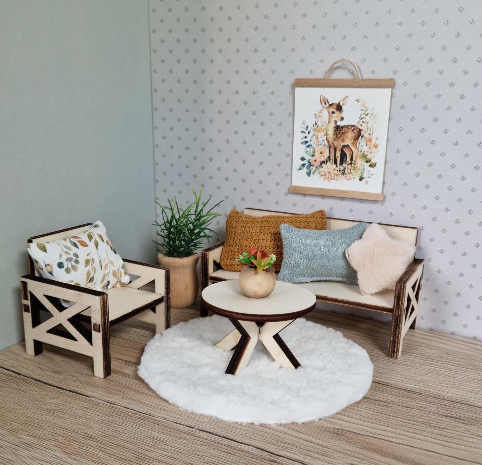 Moderne DIY-Miniatur-Sofagarnitur – Wohnzimmermöbel aus Holz für Maileg & Puppen