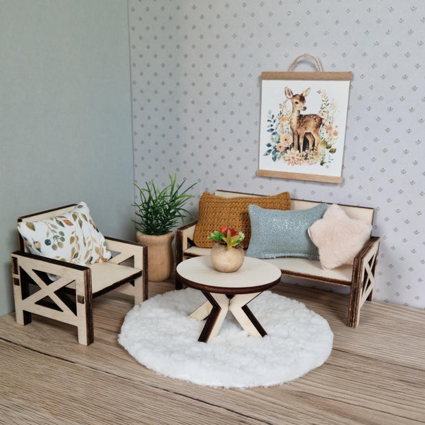 Moderne DIY-Miniatur-Sofagarnitur – Wohnzimmermöbel aus Holz für Maileg & Puppen