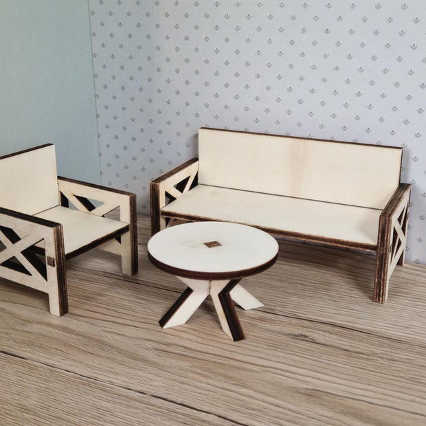Moderne DIY-Miniatur-Sofagarnitur – Wohnzimmermöbel aus Holz für Maileg & Puppen