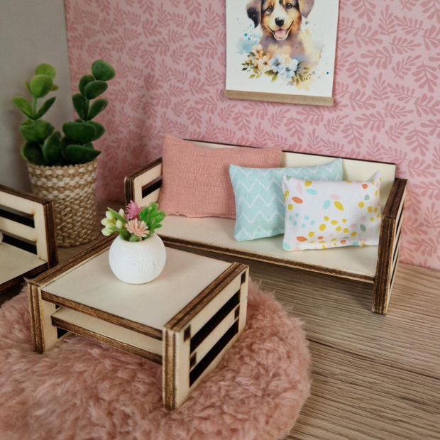 Skandinavische Miniatur-Sofagarnitur selber bauen – Moderne Holzmöbel für Maileg & Puppenhausspiele