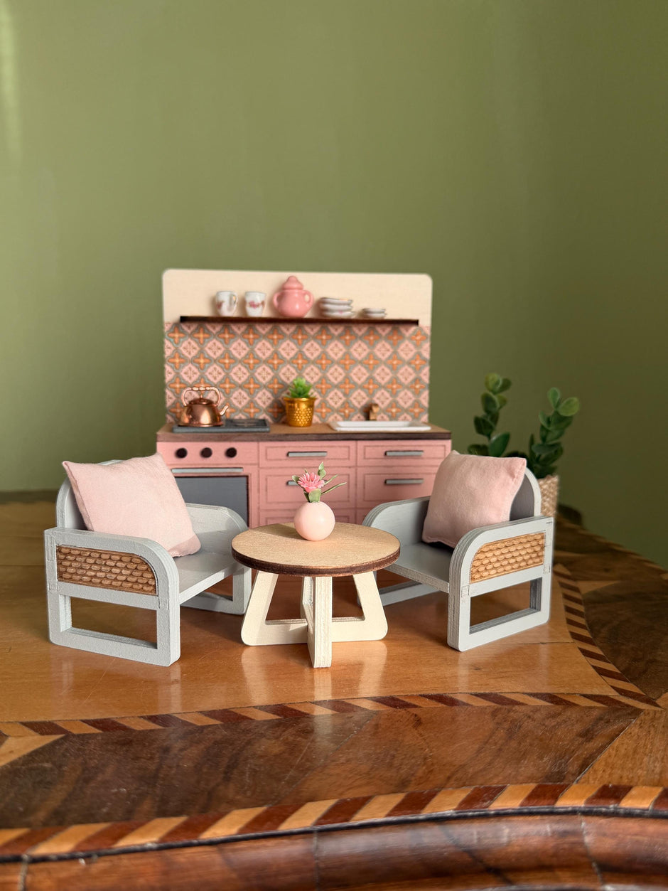 Miniature Kitchen with Hand-Painted Backsplash – Pink, handmade 1:12 miniature – photo 9