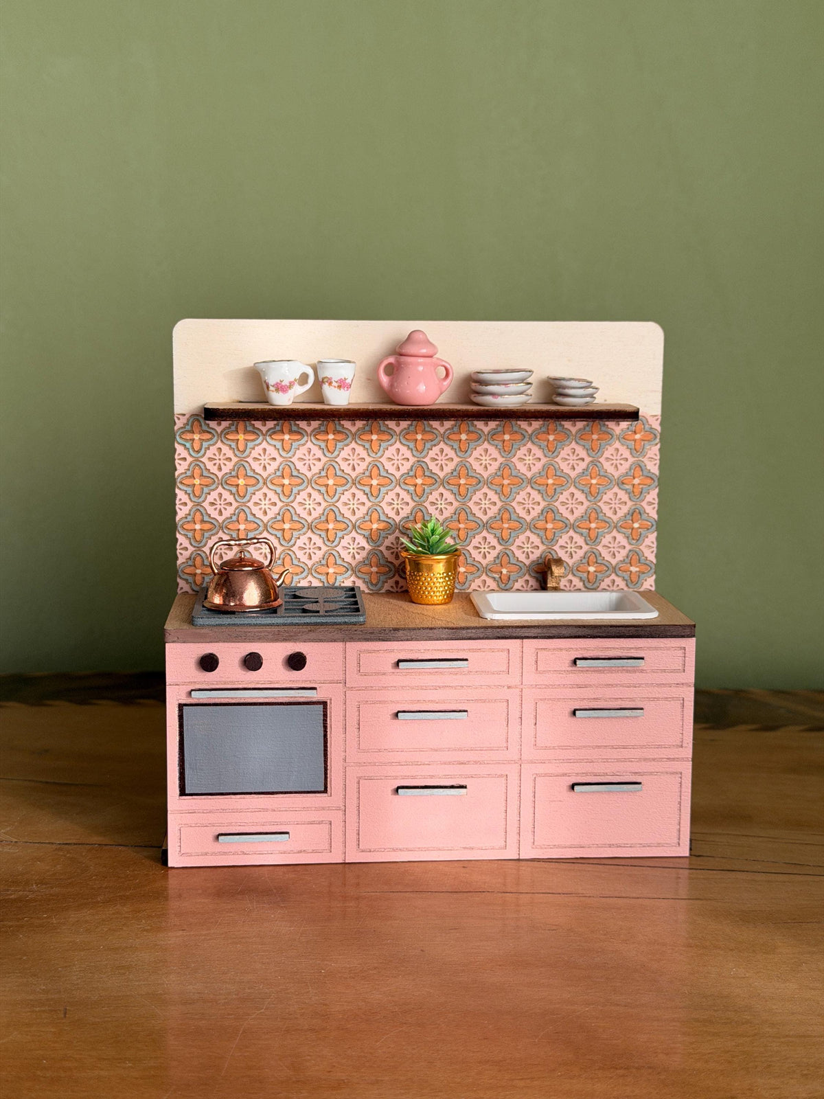 Miniature Kitchen with Hand-Painted Backsplash – Pink, handmade 1:12 miniature