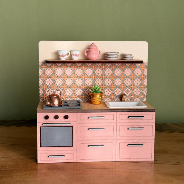 Miniature Kitchen with Hand-Painted Backsplash – Pink, handmade 1:12 miniature