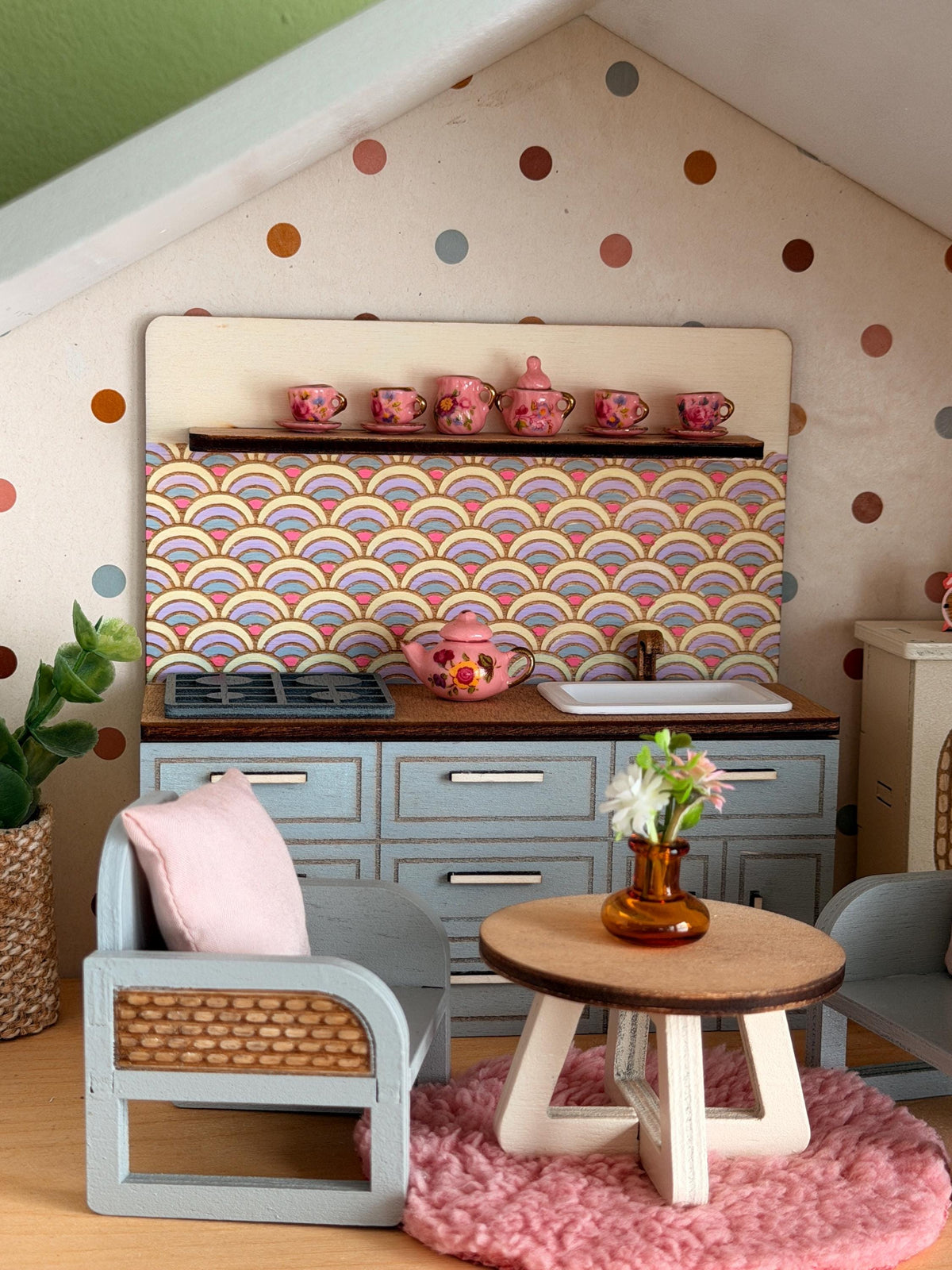Miniature Kitchen with Hand-Painted Backsplash – Light Blue, handmade 1:12 miniature – photo 2