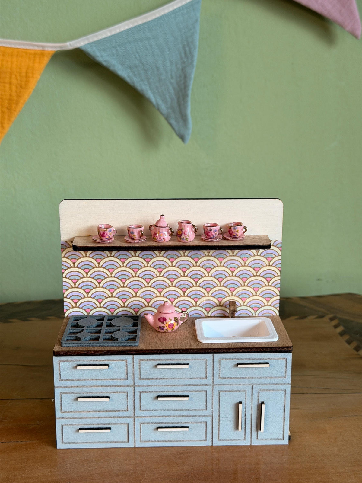 Miniature Kitchen with Hand-Painted Backsplash – Light Blue, handmade 1:12 miniature – photo 3