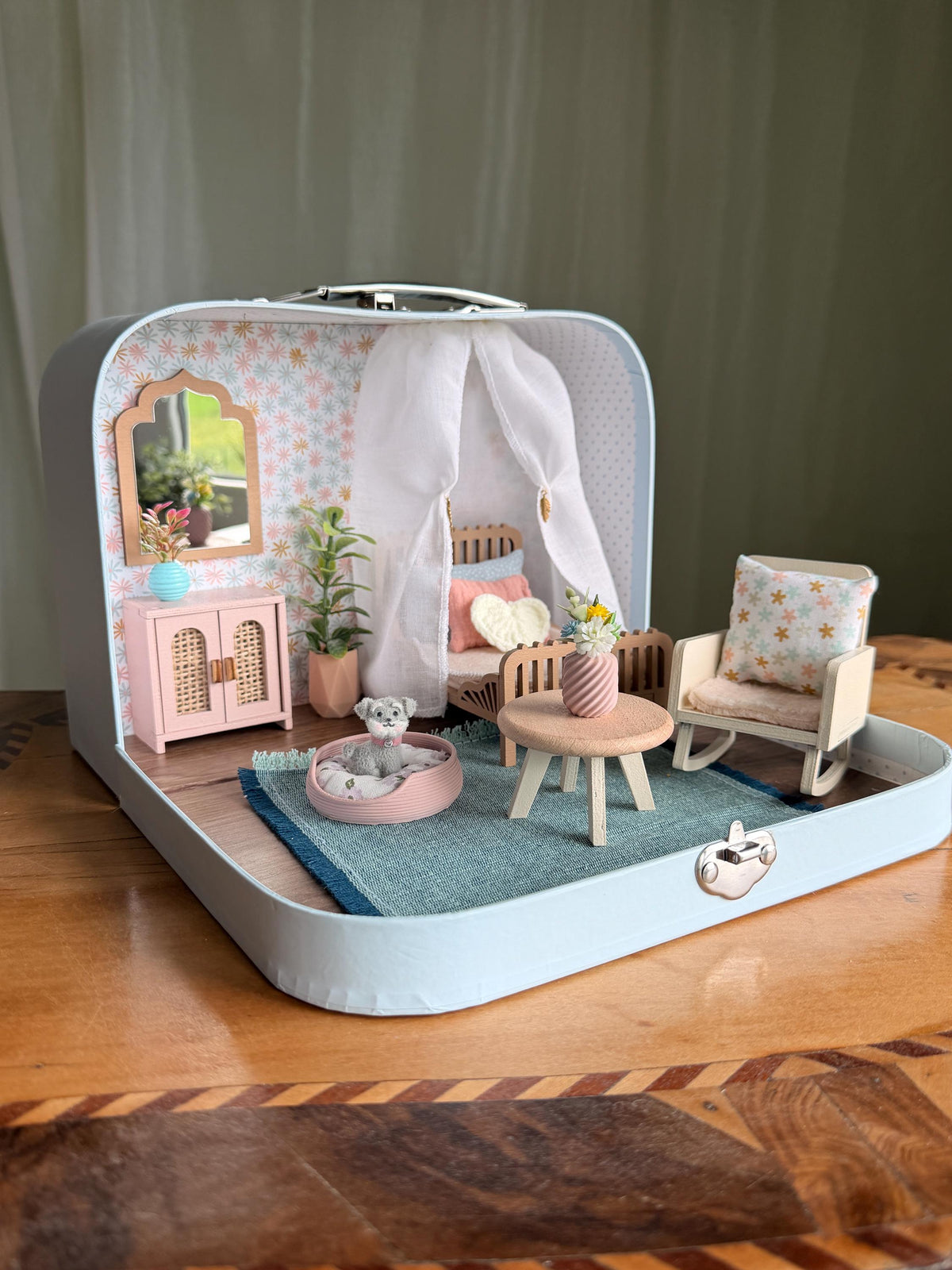 Tiny Plush Puppy in a Miniature Dog Bed, handmade 1:12 miniature – photo 8