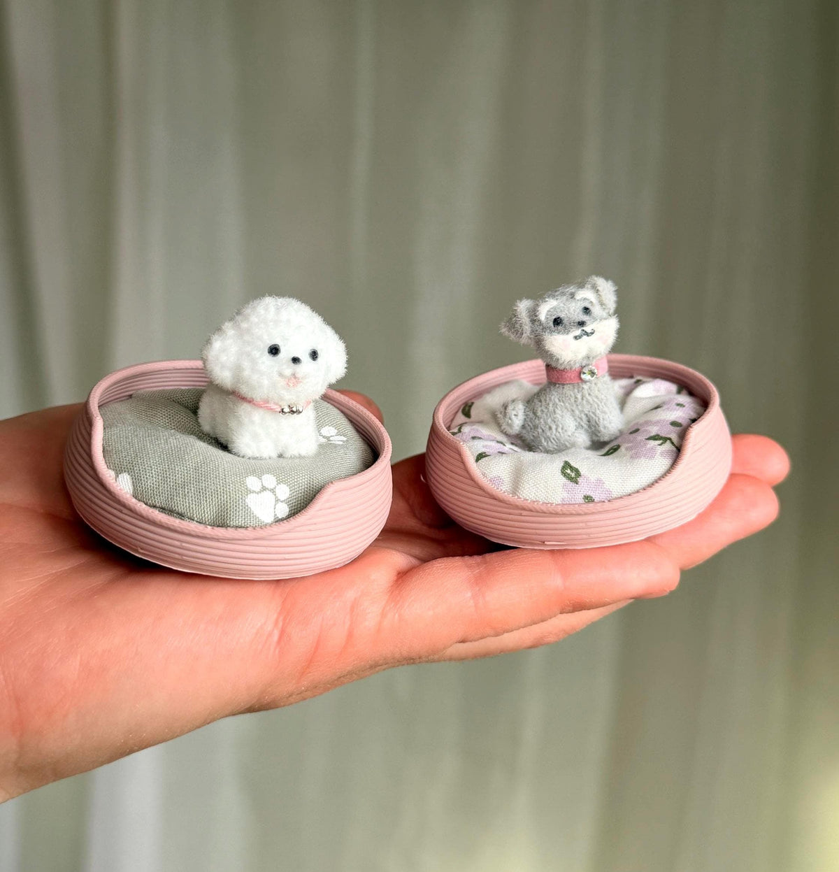 Tiny Plush Puppy in a Miniature Dog Bed, handmade 1:12 miniature