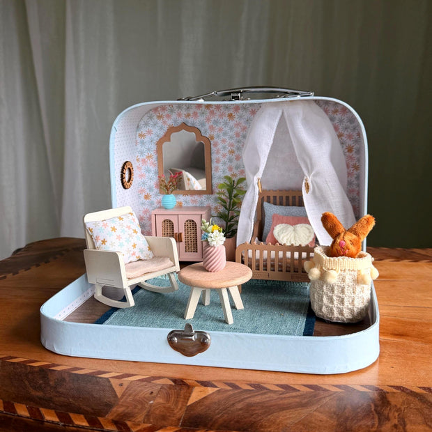 Daydream small suitcase dollhouse with a canopy bed, rocking chair and plush bunny, 1:12 scale