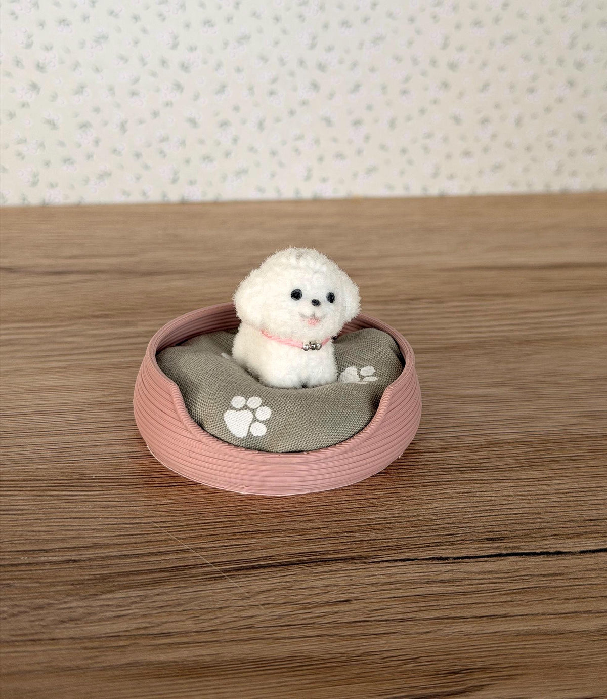 Tiny Plush Puppy in a Miniature Dog Bed, handmade 1:12 miniature – photo 3