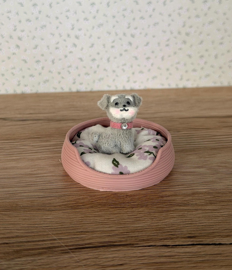 Tiny Plush Puppy in a Miniature Dog Bed, handmade 1:12 miniature – photo 4