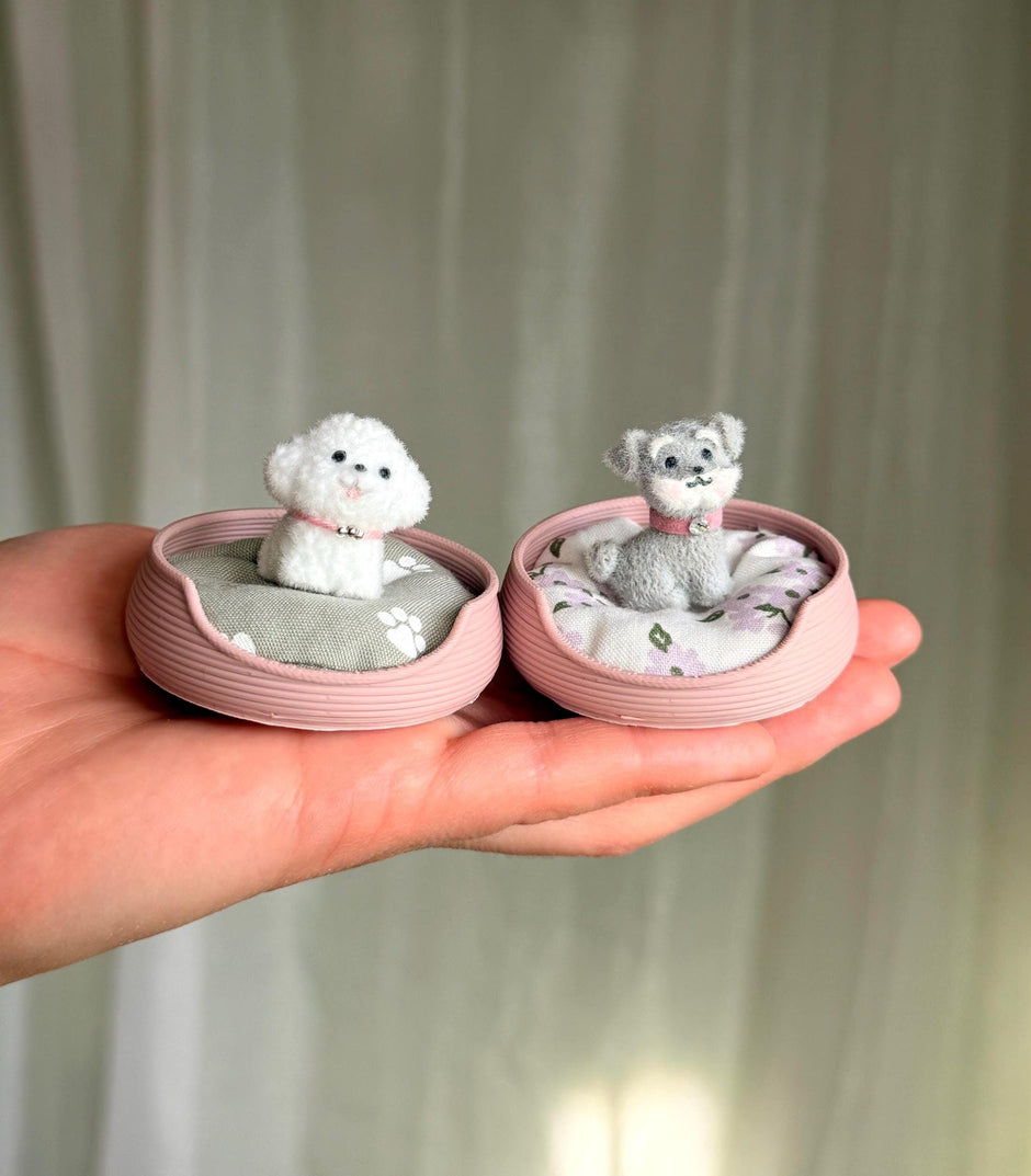 Tiny Plush Puppy in a Miniature Dog Bed, handmade 1:12 miniature – photo 7