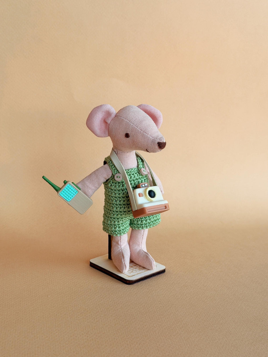 Pip, a handmade fabric mouse doll in green check overalls with a tiny camera and walkie-talkie