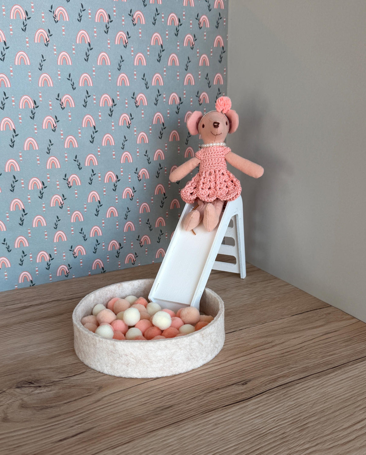Miniature Wooden Slide and Felt Ball Pit Play Set, handmade 1:12 miniature